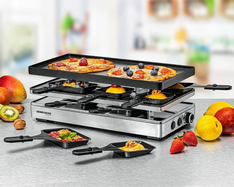 ROMMELSBACHER Pizza Raclette RCP 1800, Wendeplatte (Grillmuster/Crêpes), Pizzafunktion, keramische A