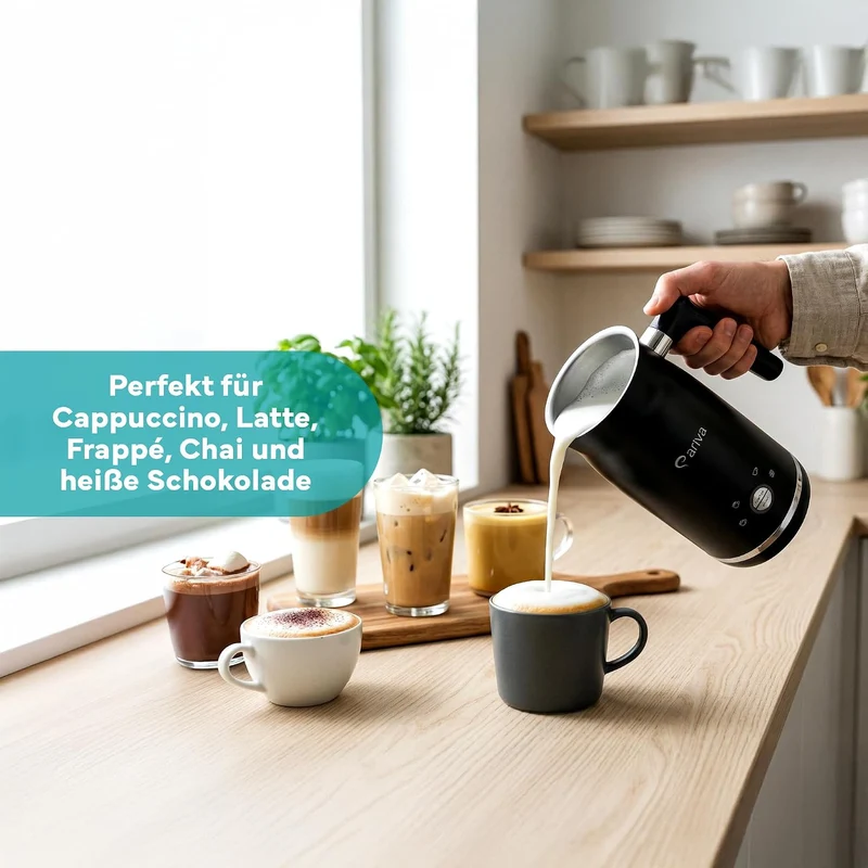 ARIVA 4-in-1 Elektrischer Milchaufschäumer & Milchwärmer 500W, 300ml, Antihaftbeschichtung, Auto-Off