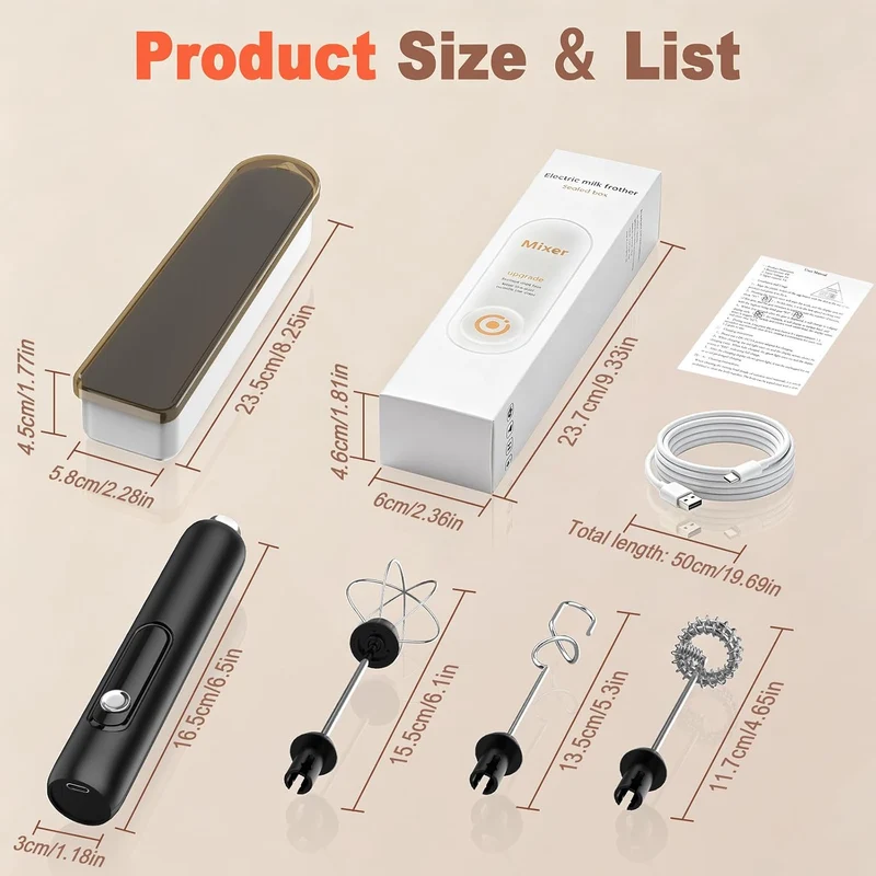 Milchaufschäumer Handheld USB-C Wiederaufladbar mit 3 Geschwindigkeitsstufe