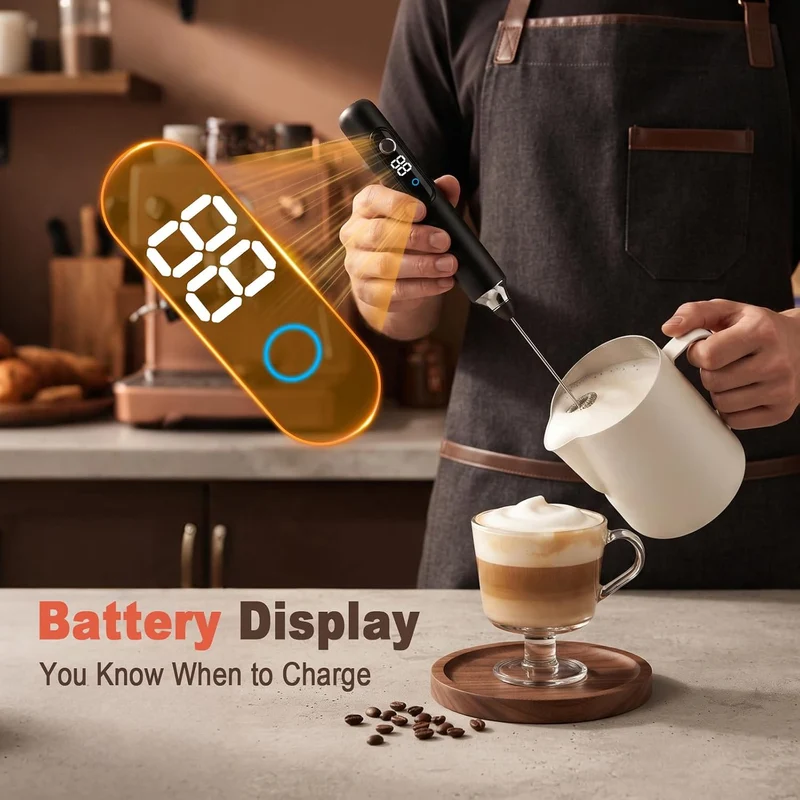 Milchaufschäumer Stab Elektrisch Handaufladbarer mit LED-Display und Ständer, Wiederaufladbarer USB-