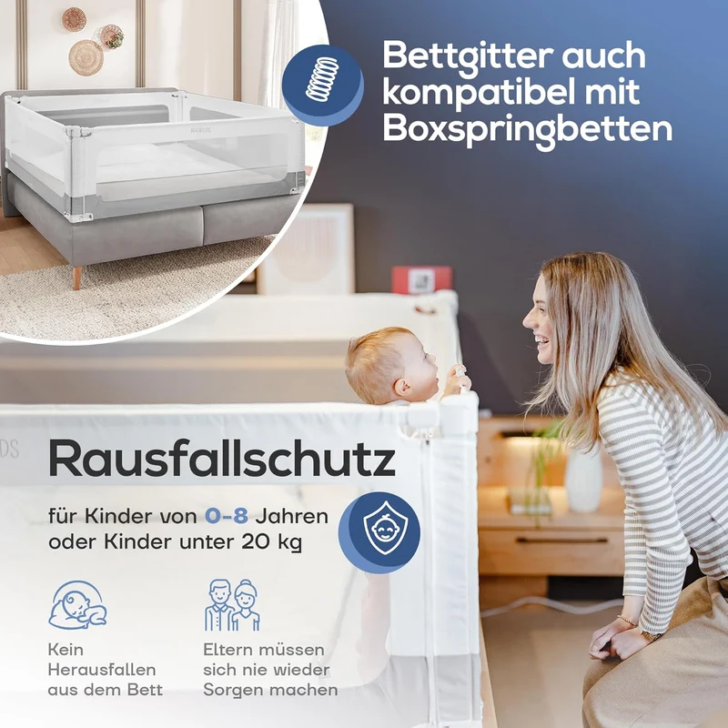 BEANBUDS® Bettgitter Rausfallschutz 180cm [1 Seite] - Bettschutzgitter Lattenrost & Boxspringbett -