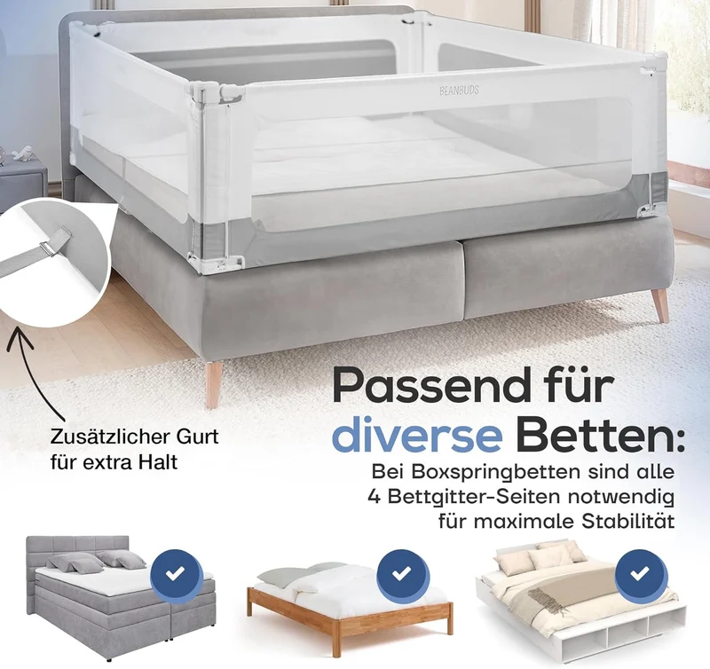 BEANBUDS® Bettgitter Rausfallschutz 180cm [1 Seite] - Bettschutzgitter Lattenrost & Boxspringbett -