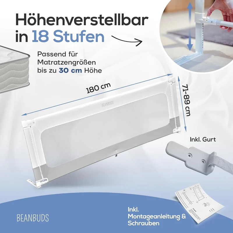 BEANBUDS® Bettgitter Rausfallschutz 180cm [1 Seite] - Bettschutzgitter Lattenrost & Boxspringbett -