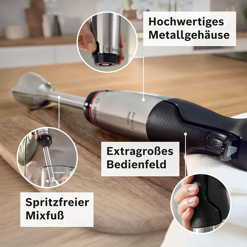 Bosch Stabmixer ErgoMaster Serie 6, Zerkleinerer, einhändig bedienbar, 4 Edelstahl-Klingen verschlei