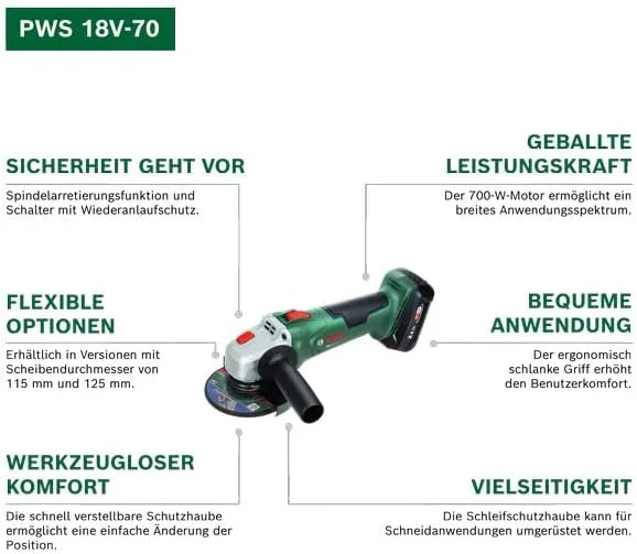 Bosch 18V System Akku-Winkelschleifer PWS 18V-70 (Für kleine bis mittlere Trenn- und Schleifarbeiten