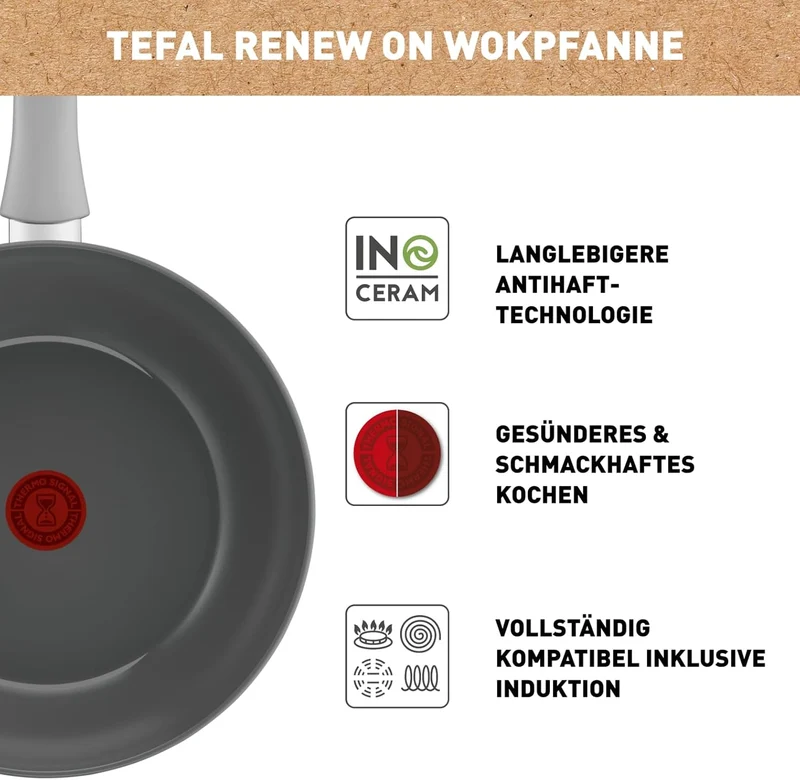 Tefal C42719 Renew On Wokpfanne 28 cm | Keramikversiegelung | umweltfreundlich recycelt | Thermo-Sig