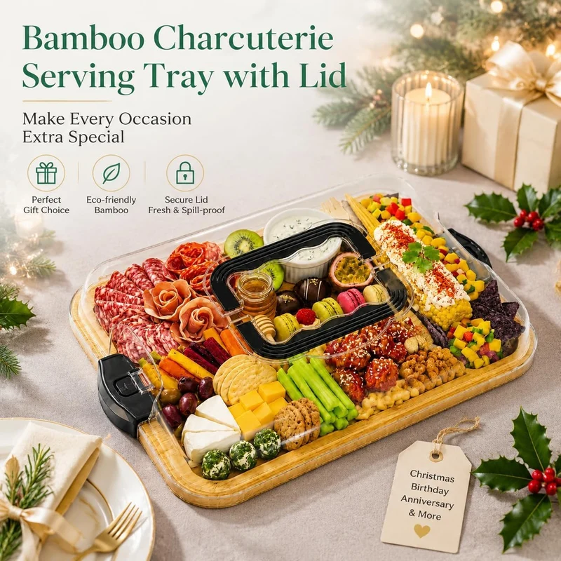 Servierplatte mit Deckel aus Bambus, Charcuterie Board mit 6 Fächern und Tragegriff, Käseplatte aus