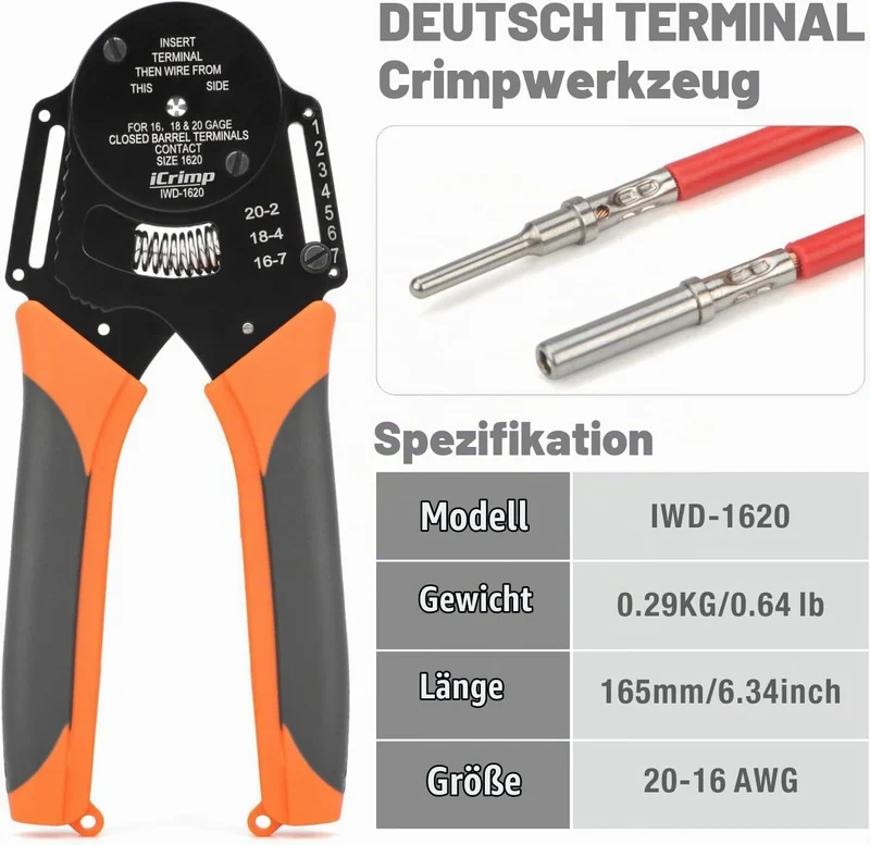 iCrimp IWD-1620 Solid Barrel Crimpzange 0,5–1,3 mm² DT Serie, IWD-1620