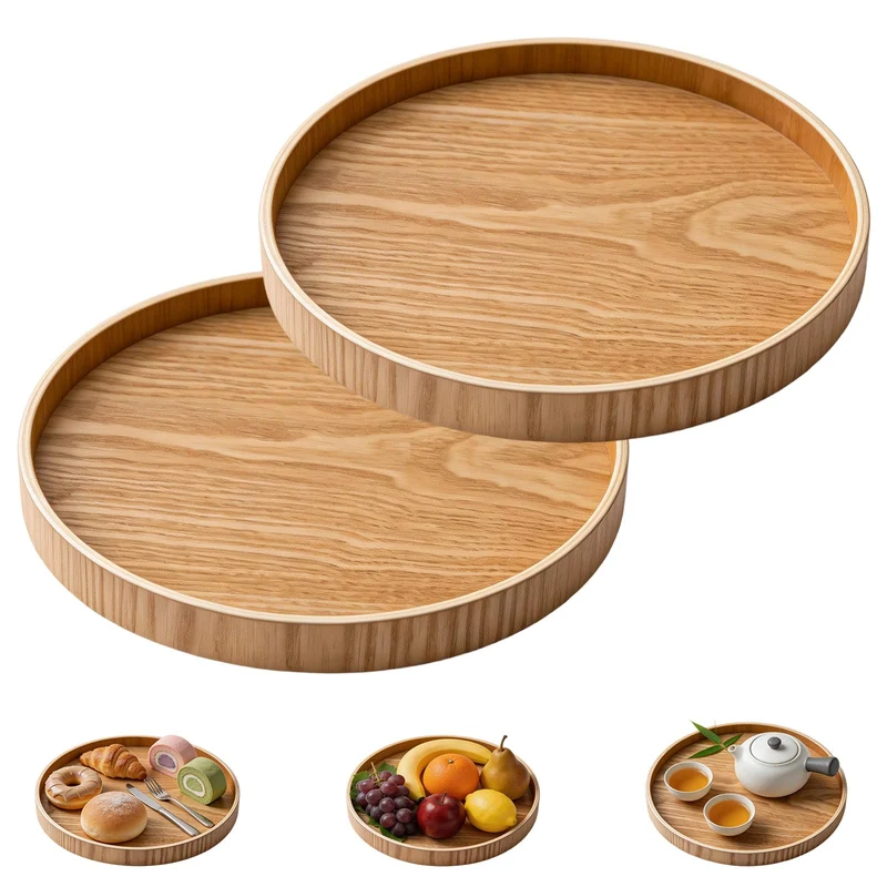 2 Stück Holztablett Rund 30 cm, Serviertablett Deko Tablett aus Massivholz, Rundes Dekotablett Holz