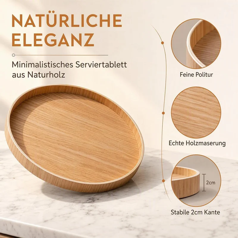 2 Stück Holztablett Rund 30 cm, Serviertablett Deko Tablett aus Massivholz, Rundes Dekotablett Holz