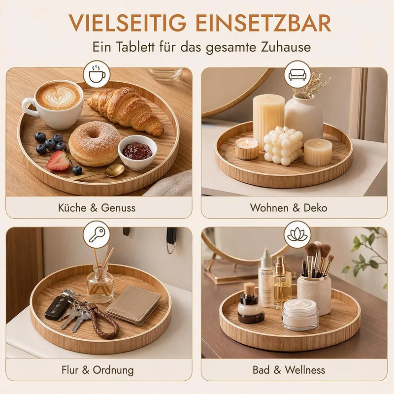 2 Stück Holztablett Rund 30 cm, Serviertablett Deko Tablett aus Massivholz, Rundes Dekotablett Holz