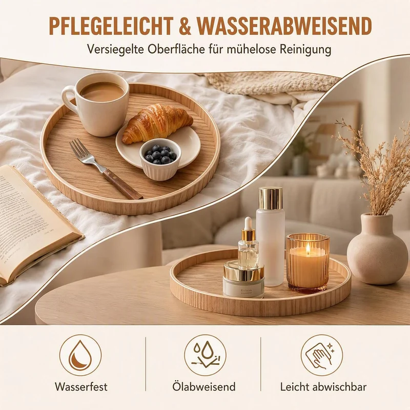 2 Stück Holztablett Rund 30 cm, Serviertablett Deko Tablett aus Massivholz, Rundes Dekotablett Holz