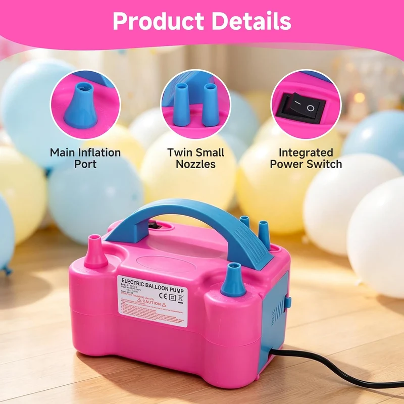 Luftballonpumpe Elektrisch, 600 W, Elektrische Ballonpumpe mit Doppeldüse und 2 Aufblasmodi, Tragbar