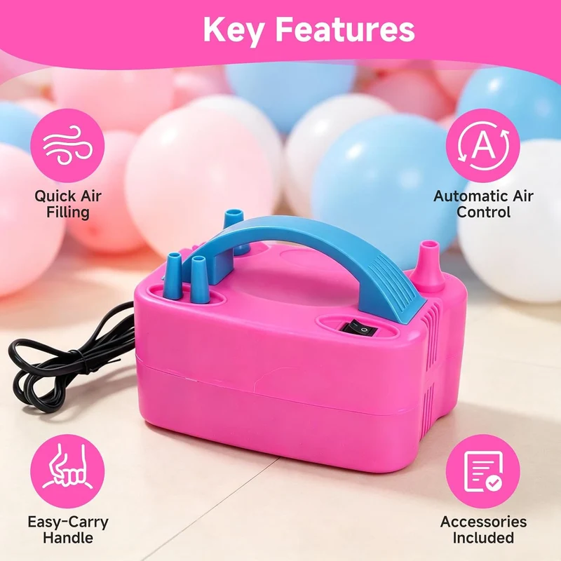 Luftballonpumpe Elektrisch, 600 W, Elektrische Ballonpumpe mit Doppeldüse und 2 Aufblasmodi, Tragbar