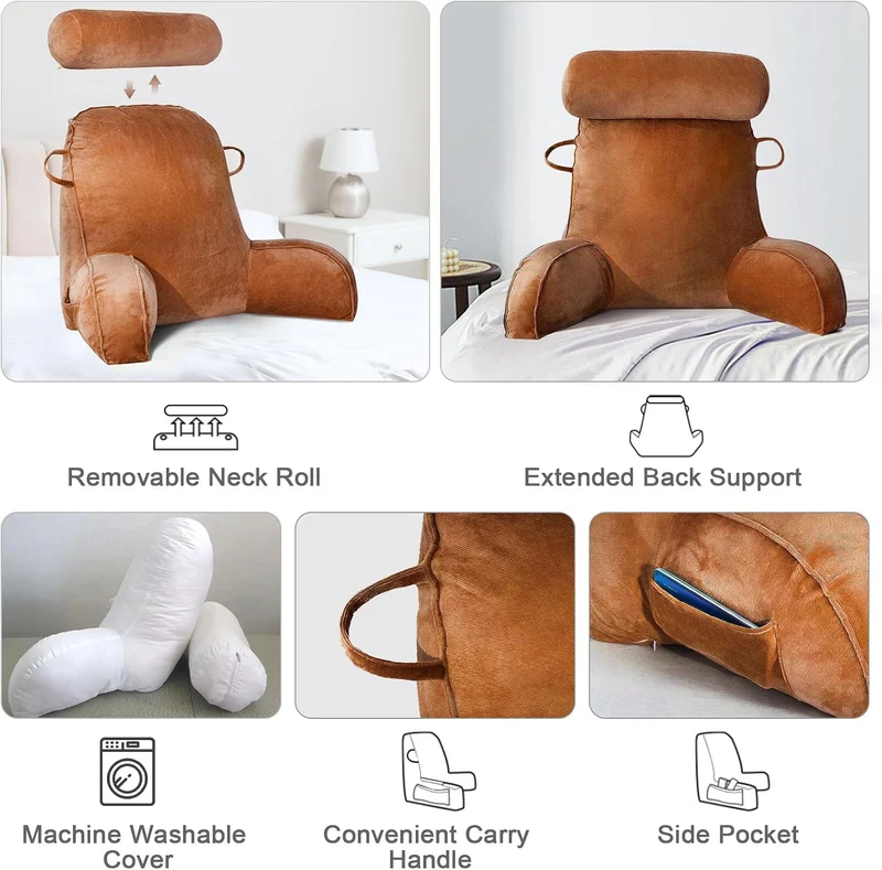 Lesekissen für Bett, Bettauflage Kissen mit Abnehmbarer Nackenrolle & höherem Stützarm zum Sitzen in