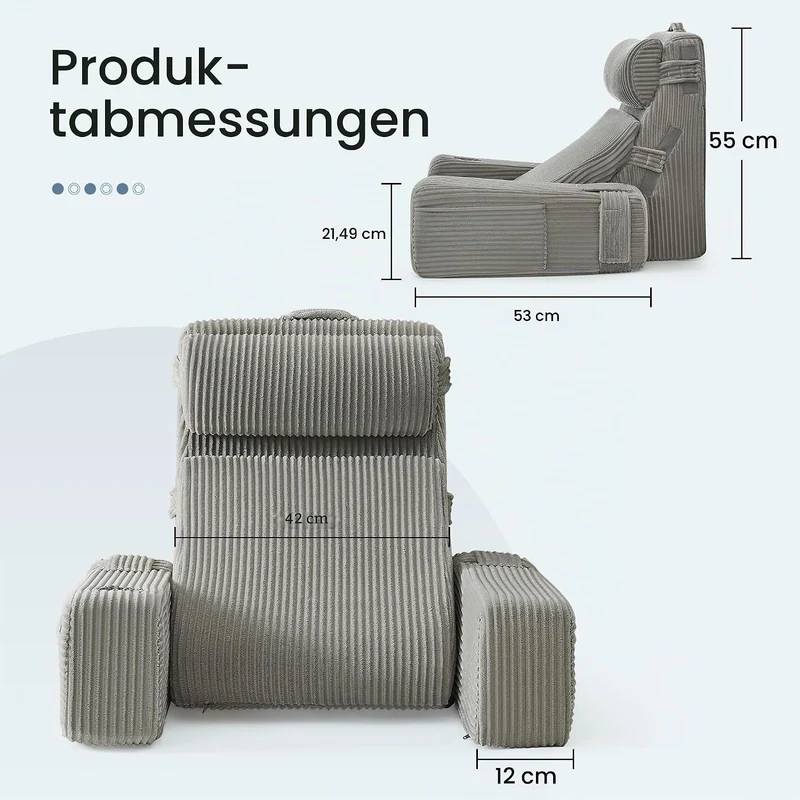 Lesekissen für Bett und Sofa,Bücherkissen mit Abnehmbarer Nackenrolle & Armlehne,Rückenkissen Bett,B