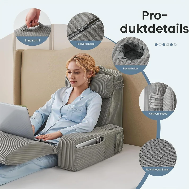Lesekissen für Bett und Sofa,Bücherkissen mit Abnehmbarer Nackenrolle & Armlehne,Rückenkissen Bett,B