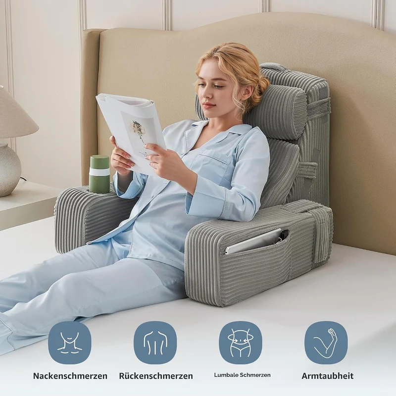 Lesekissen für Bett und Sofa,Bücherkissen mit Abnehmbarer Nackenrolle & Armlehne,Rückenkissen Bett,B
