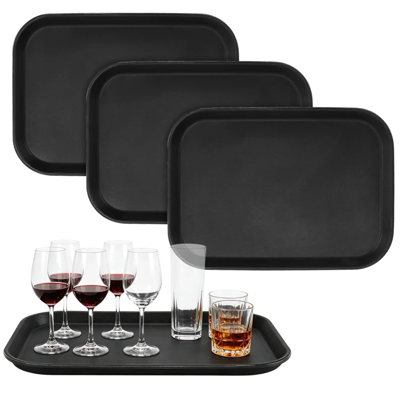 Serviertablett Rechteckig 4 Stück, 35 x 27 x 2 cm, Antirutsch Oberfläche Schwarz Rechteckig, Schwarz