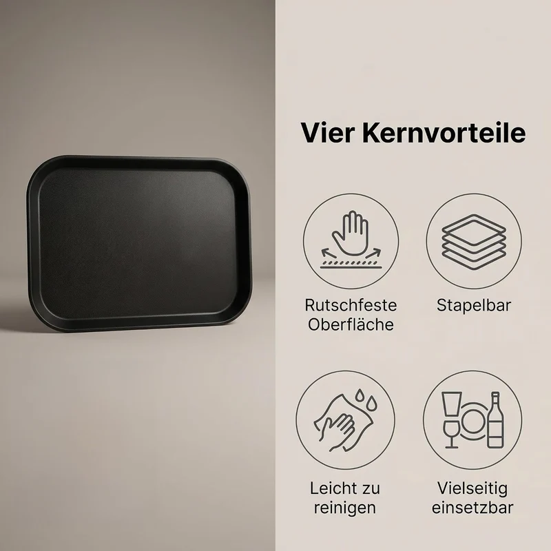 Serviertablett Rechteckig 4 Stück, 35 x 27 x 2 cm, Antirutsch Oberfläche Schwarz Rechteckig, Schwarz