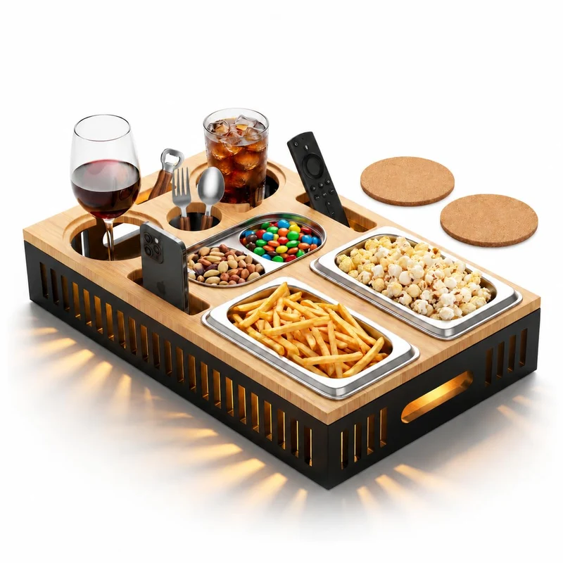 Couchbar Snackbox Bambus, Sofatablett mit Snackschalen & Getränkehalter