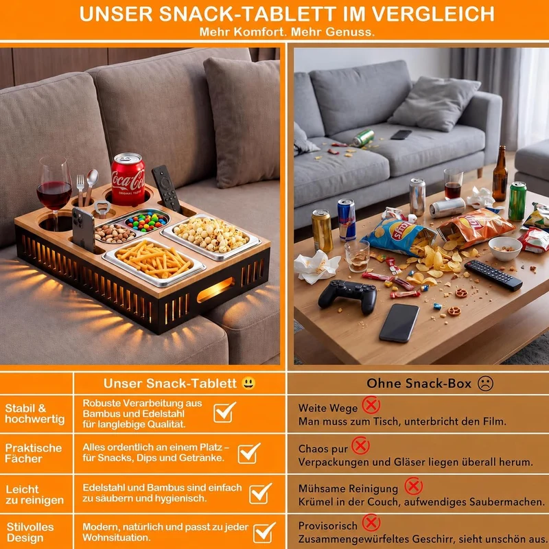 Couchbar Snackbox Bambus, Sofatablett mit Snackschalen & Getränkehalter