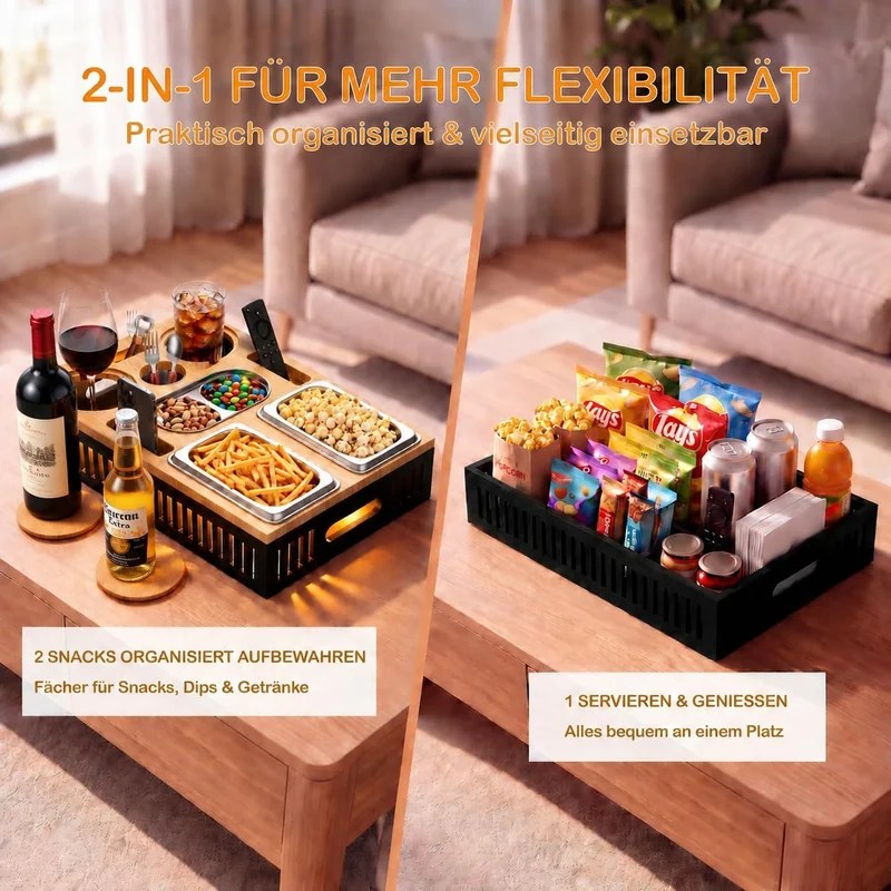 Couchbar Snackbox Bambus, Sofatablett mit Snackschalen & Getränkehalter