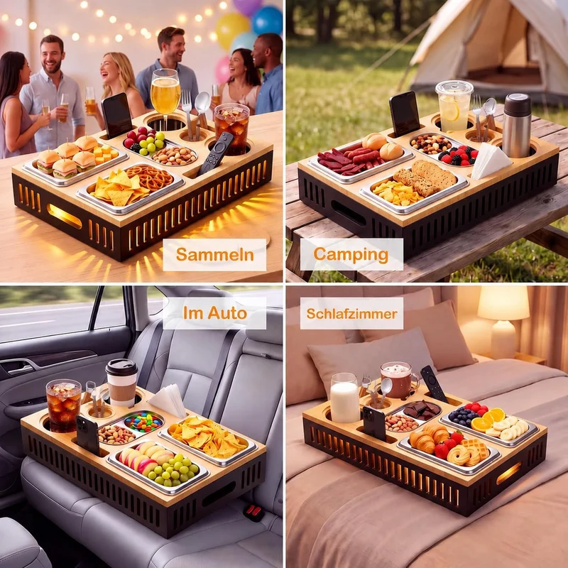 Couchbar Snackbox Bambus, Sofatablett mit Snackschalen & Getränkehalter