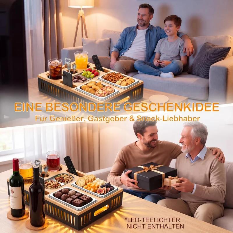 Couchbar Snackbox Bambus, Sofatablett mit Snackschalen & Getränkehalter