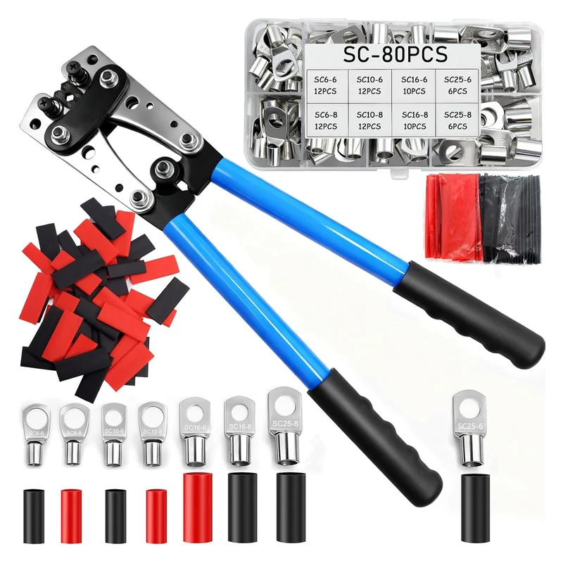 Crimpzange Set 6–50 mm² mit 80 Kabelschuhen und Schrumpfschläuchen, Profi Kabelschuhzange mit Ratsch