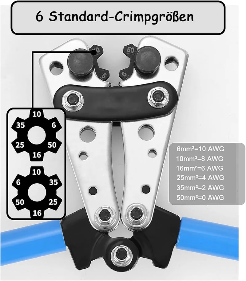 Crimpzange Set 6–50 mm² mit 80 Kabelschuhen und Schrumpfschläuchen, Profi Kabelschuhzange mit Ratsch