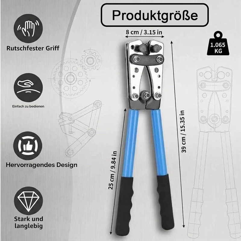 Crimpzange Set 6–50 mm² mit 80 Kabelschuhen und Schrumpfschläuchen, Profi Kabelschuhzange mit Ratsch