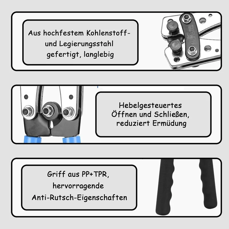 Crimpzange Set 6–50 mm² mit 80 Kabelschuhen und Schrumpfschläuchen, Profi Kabelschuhzange mit Ratsch
