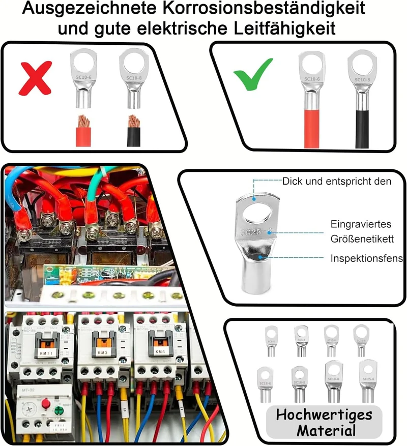 Crimpzange Set 6–50 mm² mit 80 Kabelschuhen und Schrumpfschläuchen, Profi Kabelschuhzange mit Ratsch