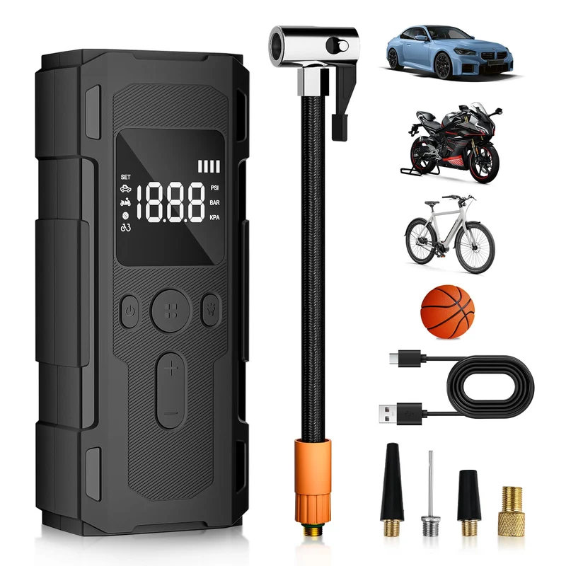 Elektrische Luftpumpe, 6000mAh Fahrradpumpe Elektrisch 150PSI/10,3 bar mit LED-Anzeige & Licht, Akku