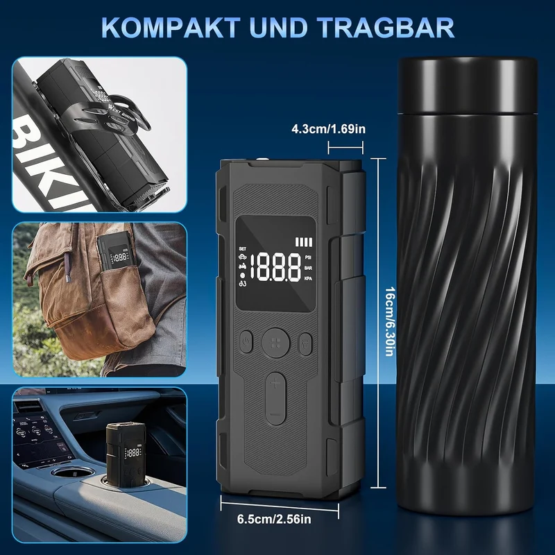 Elektrische Luftpumpe, 6000mAh Fahrradpumpe Elektrisch 150PSI/10,3 bar mit LED-Anzeige & Licht, Akku