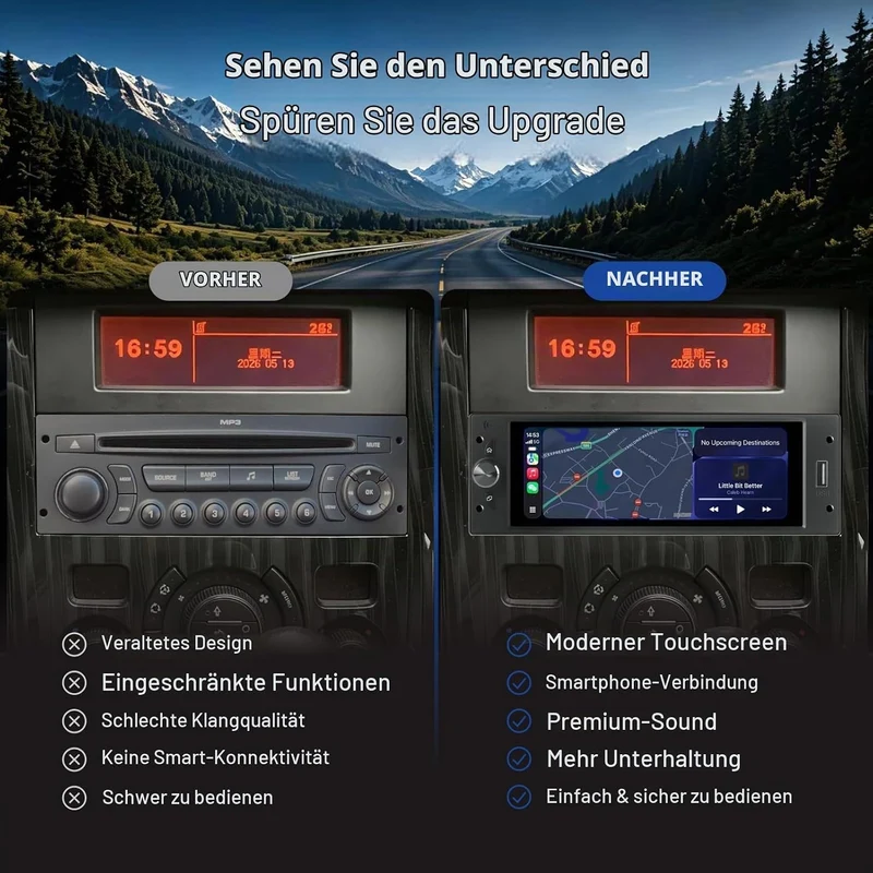 1 DIN Autoradio mit Bildschirm für Peugeot 206 207 307 308 3008 5008 Citroën C2 C3 C4 Picasso, Wirel