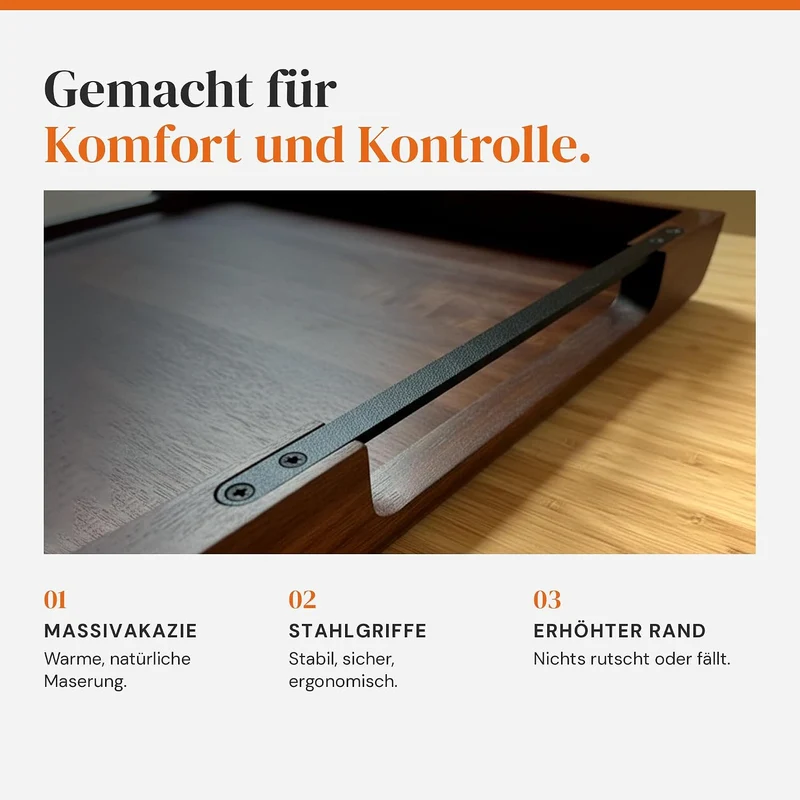 Serviertablett Holz mit Griffen – Akazien-Holztablett, gross 48x38 cm 48 x 38 x 5 cm, 48 x 38 x 5 cm