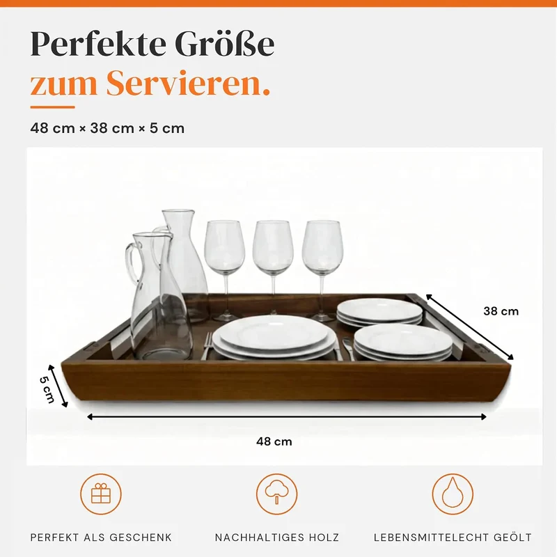 Serviertablett Holz mit Griffen – Akazien-Holztablett, gross 48x38 cm 48 x 38 x 5 cm, 48 x 38 x 5 cm