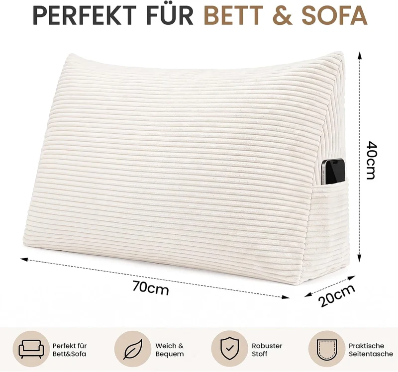SLIGUY Rückenkissen Lang Keilkissen Lesekissen für Bett und Sofa 70-Elfenbeinfarben, 70-Elfenbeinfar