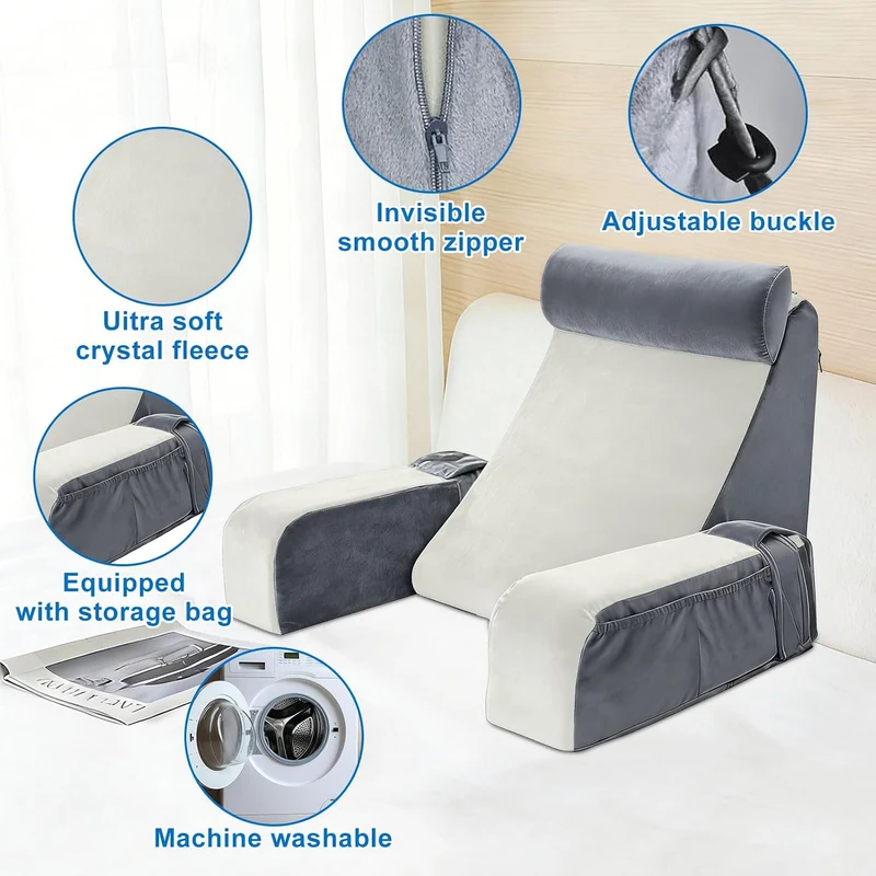Grosses Lesekissen für Erwachsene mit abnehmbarer Nackenrolle und Armlehne, Ergonomisches Rückenkiss