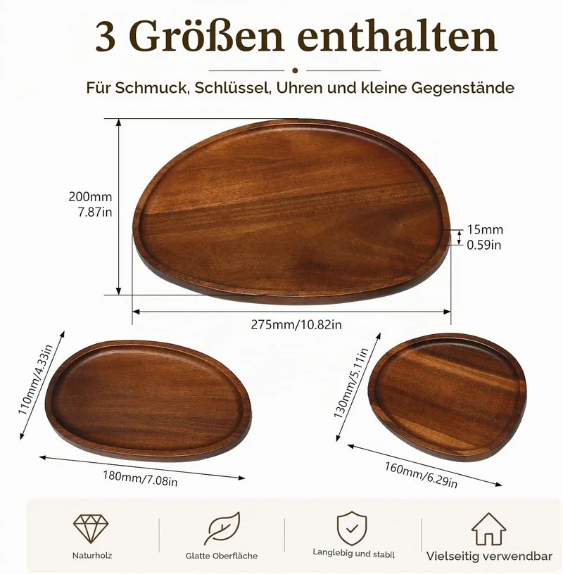 Tablett Akazienholz Oval 3 Stück Serviertablett Deko Holztablett