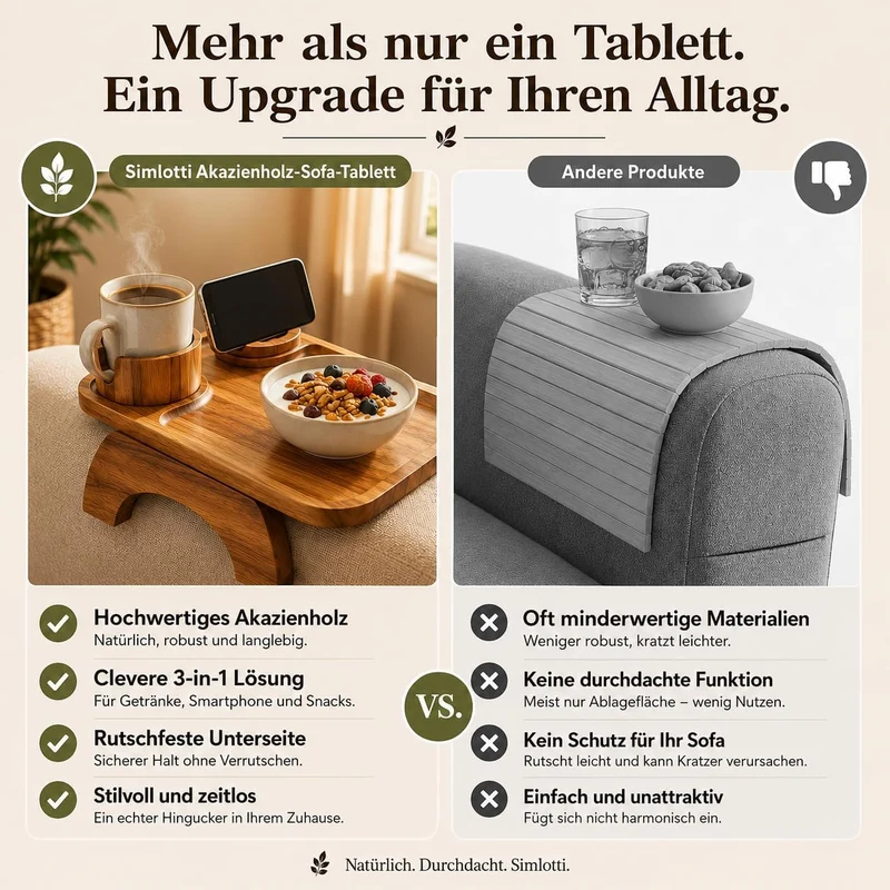 Sofa-Armlehnen-Tablett aus Akazienholz, rutschfest, flexibel