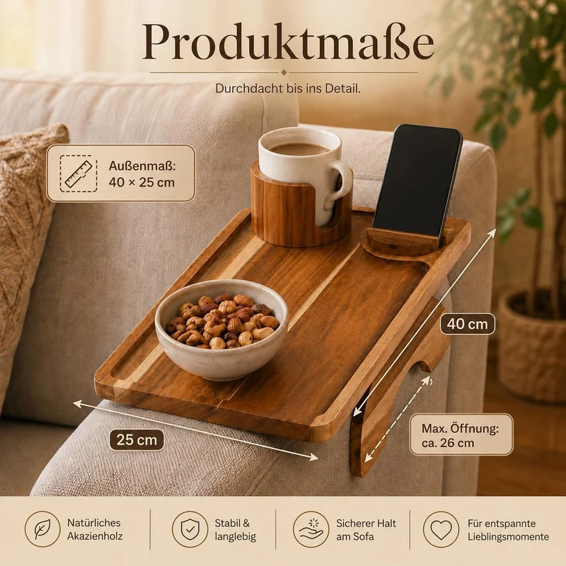 Sofa-Armlehnen-Tablett aus Akazienholz, rutschfest, flexibel