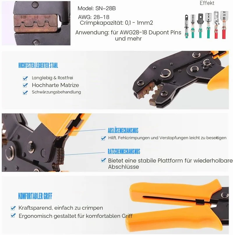 Glarks SN-28B Crimpzange mit Steckverbinder, 486-teilig mit Ratschen-Crimpzange mit 485 Stück 2,54 m