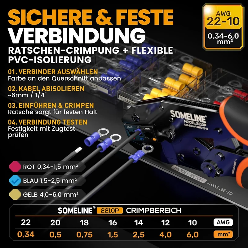 SOMELINE Crimpzange Kabelschuhe Set, 59 Arten [0,34–6 mm²] Isolierte Kabelschuhe, inkl. Kabelschuhza