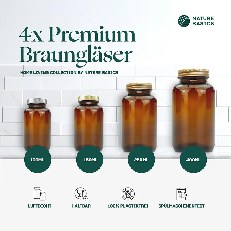 Nature Basics Vorratsdosen Glas Set - 4 x 400 ml - Braungläser mit Gewinde und dicht schliessendem A
