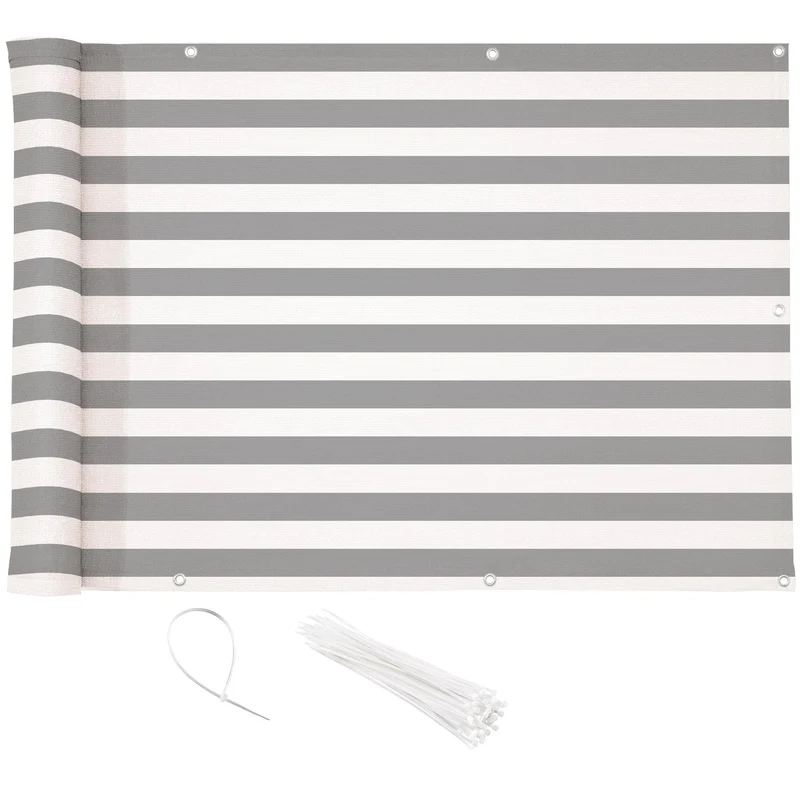 CelinaSun Sichtschutz Balkon 0,9 x 5 m Streifen hellgrau weiss HDPE Zaunblende mit Kabelbinder atmun