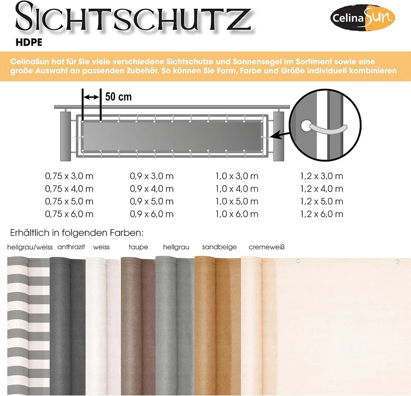 CelinaSun Sichtschutz Balkon 0,9 x 5 m Streifen hellgrau weiss HDPE Zaunblende mit Kabelbinder atmun