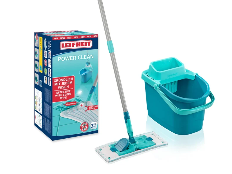 Leifheit Set Power CLEAN, Wischer für Alle, rückenschonender Bodenwischer mit Reinigungsklingen, Wis